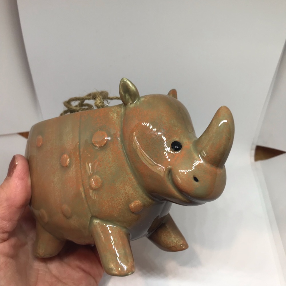 Glazed Ceramic Rhino Hanging Planter
